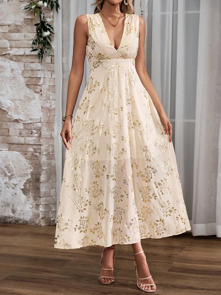 Women's Full Frame Flora Printed Deep V-Neck Sleeveless Dress