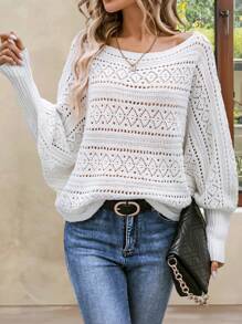 EMERY ROSE Women's Plain Asymmetrical Collar Hollow Out Sweater Pullover, Knit Pullover Fall Winter - White - View 7