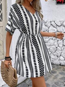 SHEIN VCAY Black And White Geometric Print Mini Dress For Women - Black and White - View 5