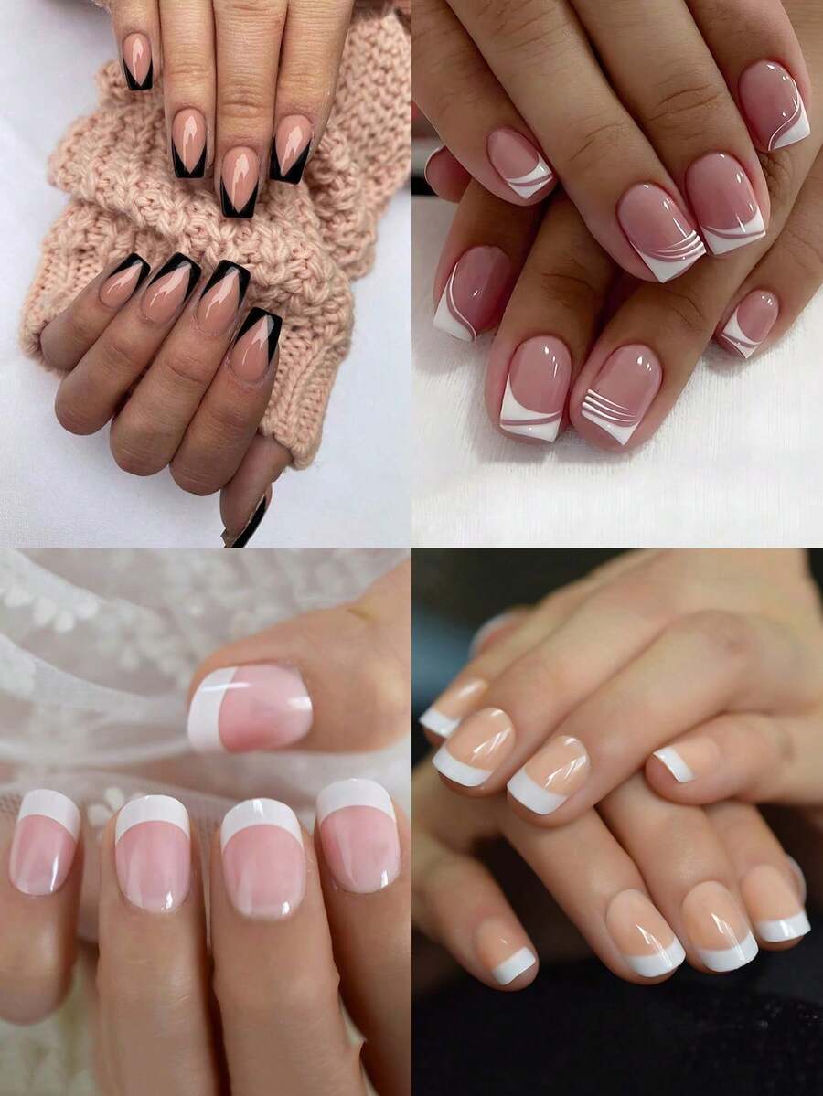 VV MEI JIA ER 96pcs(4Colors) Short Square Press On Nails Acrylic Short Fake Nails Full Cover Black And White French Designs Shiny Glue On Nails False Nail As Gift For Women And Girls With Storage Box Nail Supplies - Multicolor - View 1