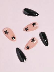 VV MEI JIA ER 24入組Y2K裸色底杏仁型假指甲，黑色星星壓花設計，光澤全覆蓋假指甲，適用於女性和女孩，長款杏仁形假指甲和1片膠帶和1支指甲文件指甲用品 - 黑色 - 查看 4