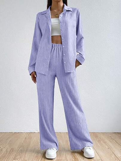 SHEIN EZwear Conjunto De Dos Piezas Para Mujer: Camisa Casual Y Pantalón Sólido De Color