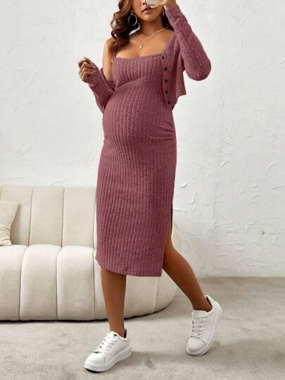 SHEIN Umstandsmode Ripp- Teilt Saum Casual Tank Top Und Knopf Vorderer Mantel