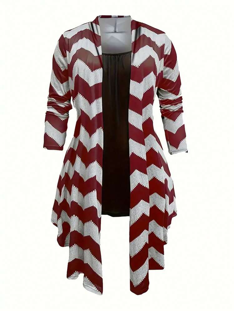 Women's Herringbone Pattern Long Sleeve Open Front Coat And Camisole Top And Long Pants Set