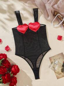 SHEIN Bộ đồ liền thân Cami họa tiết lưới tình yêu gợi cảm dành cho nữ - màu đen - Xem 1