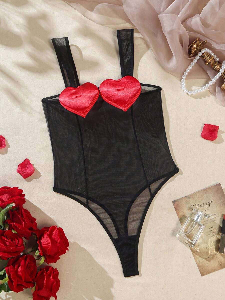 SHEIN Bộ đồ liền thân Cami họa tiết lưới tình yêu gợi cảm dành cho nữ - màu đen - Xem 1