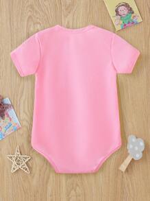 SHEIN Bộ đồ liền thân ngắn tay in hình chú rùa & khẩu hiệu dễ thương cho bé gái - Hồng - Xem 2