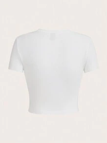 SHEIN EZwear 休闲时尚豹纹印花和字母图案圆领短袖短款修身女式 T 恤，34% 棉 - 白色 - 查看 2