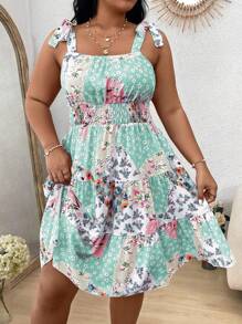 Flirla Rozmiar Plus Damski Kwiatowy Nadrukowany Talia Wiązanie Paskowany Wakacje Sukienki - Wielokolorowe - Zobacz 4