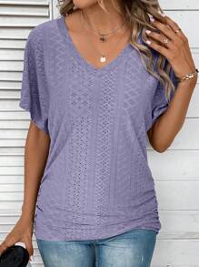 SHEIN LUNE 女式空心刺繡v領短袖t恤 - 紫色 - 查看 5