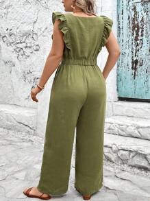 SHEIN LUNE Tuta Intera Con Orlo A Volant, Colore Unito Taglia Forte - Verde militare - Visualizzare 3