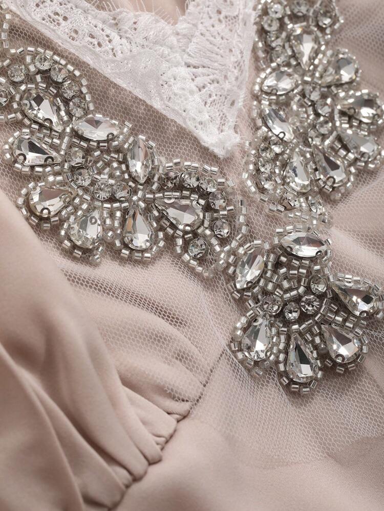 Women's Short Puff Sleeve Dress With Lace Contrast And Rhinestone Details, Birthday Prom Dress Sundress,Formal Women Dresses Elegant Women Dresses