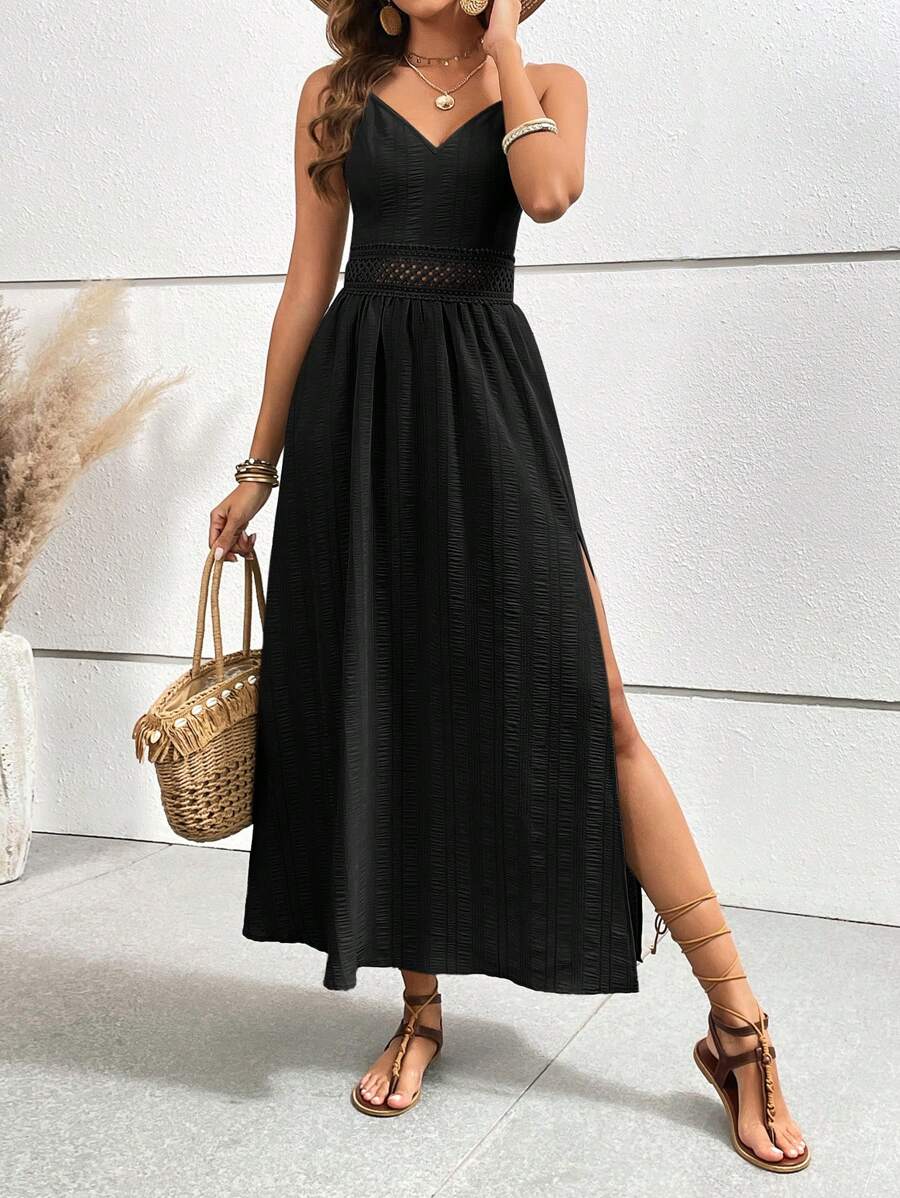 SHEIN VCAY 假日拼接花邊和絲帶裝飾分割式底擺吊帶裙 - 黑色 - 查看 1