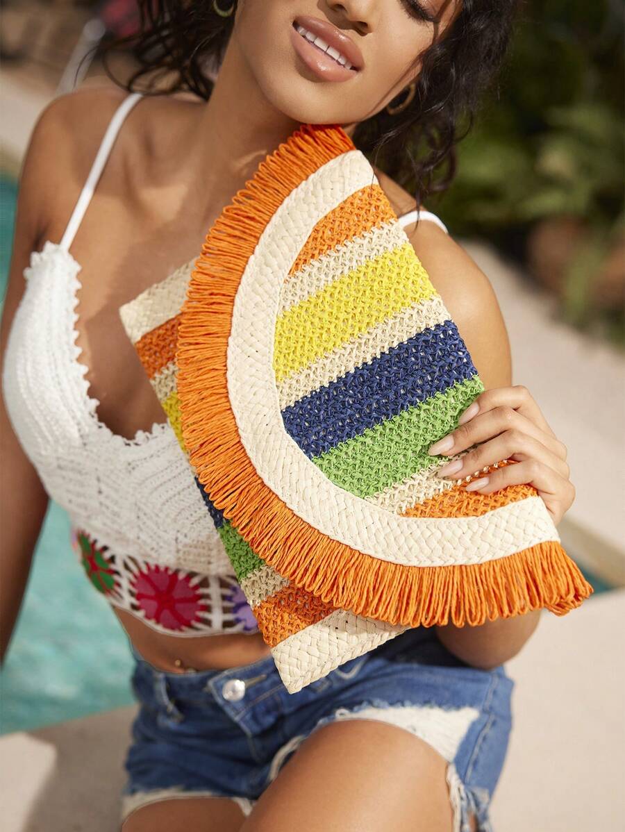 SHEIN VCAY 度假休闲撞色条纹流苏边手拿包 - 彩色 - 查看 1