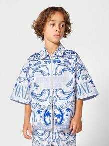 SUMWON Tween Girl Boxy Fit Zip Through Nylon Shirt With Short 2 Piece Set - Blue - View 3