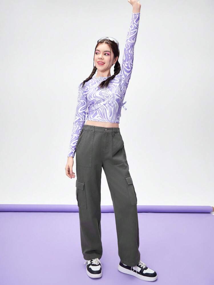 Teen Girl Street Casual Comfortable Crop Top And Long Sleeve Shirt With Loose Pocket Cargo Pants 2-Piece Set