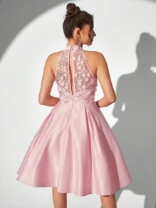 SHEIN Belle Thanh lịch Của phụ nữ Dán in hoa Lưới Halter Neck Đầm tiệc rượu - Bụi hồng - Xem 2