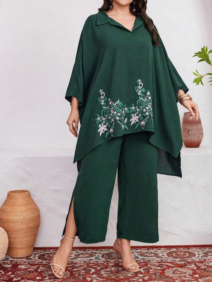 Mulvari Conjunto de dos piezas de top con mangas murciélago y pantalones con bordado de flores para tallas grandes - Verde Oscuro - Ver 1