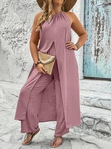 SHEIN Clasi 大尺碼純色寬鬆休閒2件式套裝 - 粉色 - 查看 3