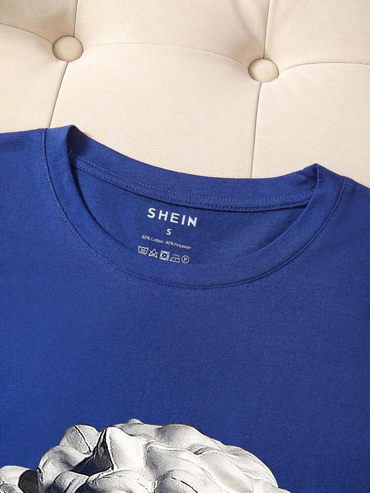 SHEIN EZwear In điêu khắc Vòng cổ Ngắn tay Áo thun - Xanh đậm - Xem 3