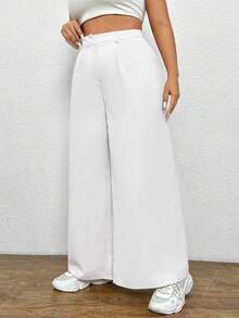 SHEIN EZwear Pantalones De Pierna Ancha Con Color Sólido De Talla Grande - Blanco - Ver 3