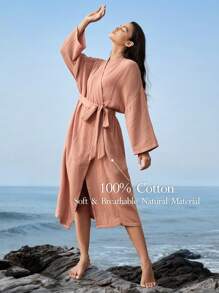 Ocili 舒適透氣輕盈棉紗長袍-塵玫瑰色