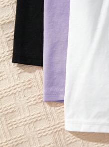 SHEIN Bộ quần short đơn giản dệt kim 3 món cho bé gái tuổi mới lớn mùa xuân/hè - Màu tím - Xem 4