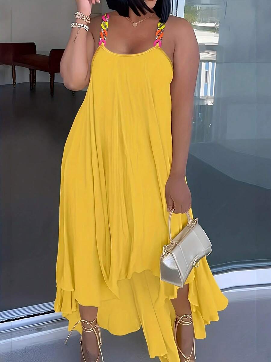大尺碼女士優雅簡約鍊帶不對稱夏日連衣裙 - 黃色 - 查看 1
