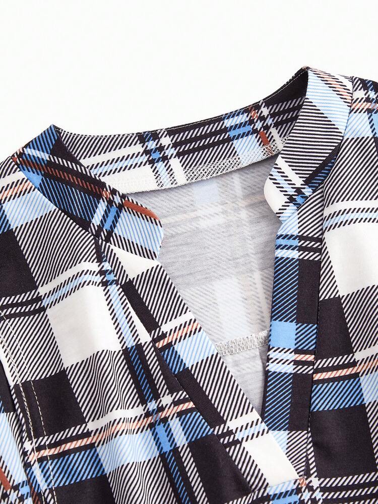 Maternity Plaid Print Notch Neck Arc Hem Shirt - Multicolor - View 7