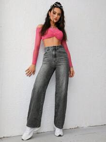 Jeanoix 女式時尚水洗直筒寬松牛仔褲,有破舊細節 - 灰色 - 查看 6