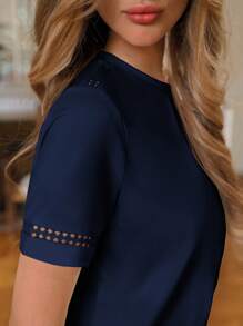 Poéselle Women's Solid Color Short Sleeve Round Neck T-Shirt - Navy Blue - View 6