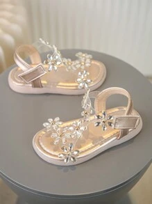 Sandálias Fashion De Menina Com Decoração De Strass, Solado Macio E Antiderrapante, Sapatos De Praia De Verão Para Crianças