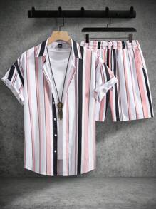 Manfinity RSRT Heren Gestreept Knoppen Korte mouwen Shirt En Shorts