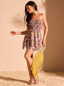 Forever 21 Geometric Pattern Printed Asymmetric Hem Spaghetti Strap Dress, Perfect For Vacation - Khaki - View 3