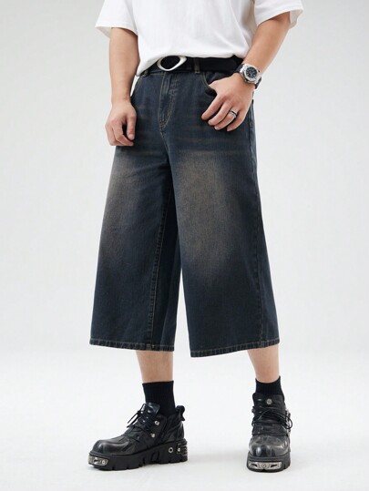 Street Life Men's Water Wash Denim Baggy Shorts With Oblique Pockets, School