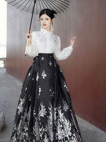 Falda De Estilo Chino Para Mujer Con Diseño De Cabeza De Caballo Y Impresión Plateada De Papel De Aluminio - Negro - Ver 6