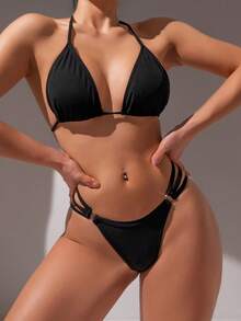 SHEIN Swim 女士纯色挂脖式比基尼套装夏季海滩 - 黑色 - 查看 4