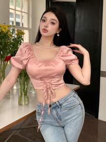 DAZY Của phụ nữ Ngắn tay Áo sơ mi Với Bong bóng Tay áo , Cổ vuông , Dây rút Và Thắt lưng - Hồng - Xem 6