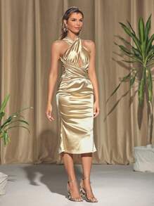 Dayra Couture 设计师露背缎面优雅连衣裙，适合节日、派对、节日、生日服装、婚礼舞会礼服 - 黃色 - 查看 3