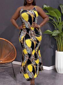 Maweii 大碼豹紋鏈帶魚尾背心連衣裙 - 黃色 - 查看 5