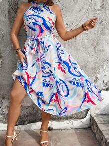 SHEIN Clasi 大尺碼女裝植物印花綁頸無袖假日&休閒長裙 - 彩色 - 查看 6