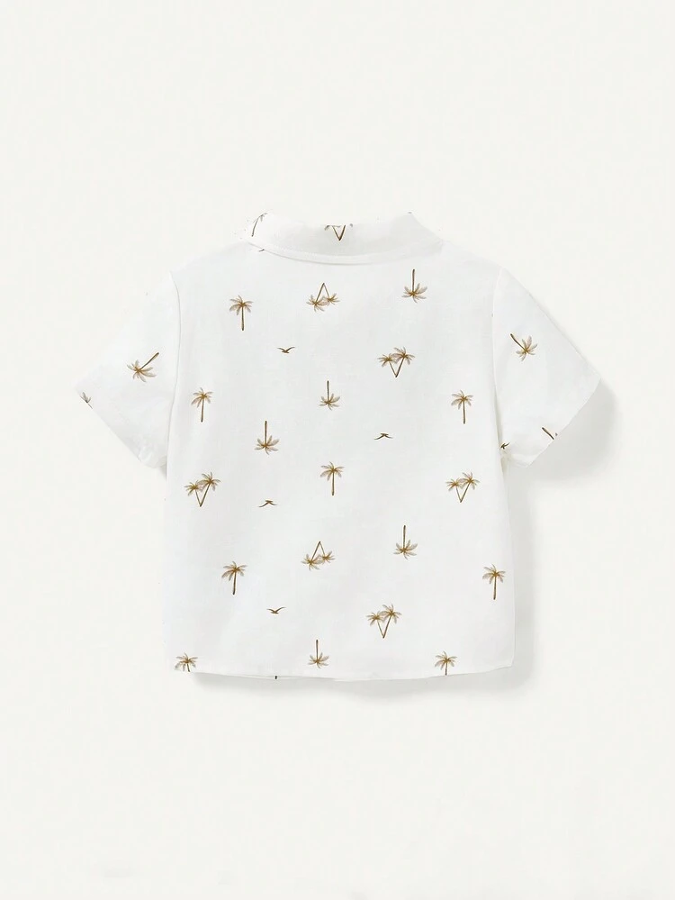 Baby Boy Alphabet Print Round Neck Short Sleeve Top, Palm Tree Pattern Shirt And Shorts, 3pcs.