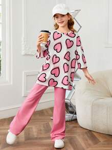 SHEIN Leap Crew 少女輕鬆愛心印花短袖T恤+實色喇叭褲針織套裝2件裝 - 粉色 - 查看 4
