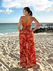 SHEIN SXY Orange Two Pieces Sets Summer Sets Boho Women Clothing Beach Vacation Women Clothes Linen - Orange - View 2