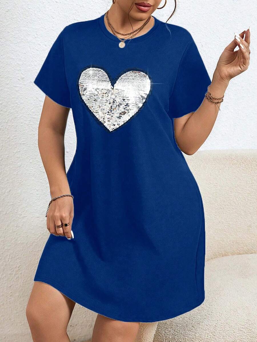 EMERY ROSE 大尺寸閃閃發光的愛心圖案短袖連衣裙 - 寶藍色 - 查看 1