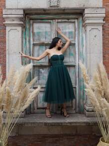 薄纱短款舞会礼服，透明紧身胸衣茶长中长晚会正式派对礼服，优雅半正式婚礼宾客礼服，适合生日、毕业典礼、返校节 - 墨綠色 - 查看 4