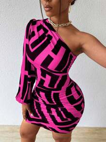 VaVaBold Vestido ajustado de un solo hombro con estampado geométrico - Rosa Fucsia - Ver 3