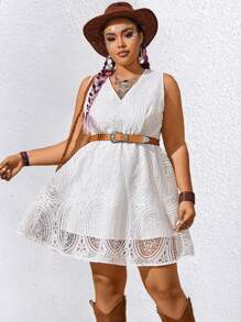 SHEIN Unity Plus Size Hollow Out Embroidered Solid Color Dress - White - View 3