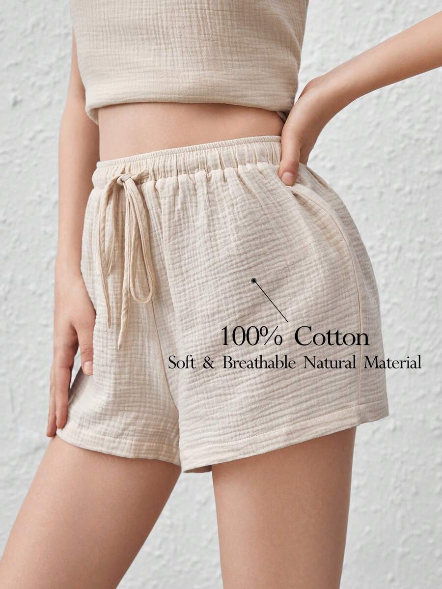 舒適透氣，輕盈可愛的褶皺棉紗扭結腰休閒短褲-卡其色 - 卡其色 - 查看 1