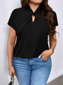 SHEIN Clasi Plus Size Solid Color Twisted Knot Hollow Out Blouse - Black - View 4